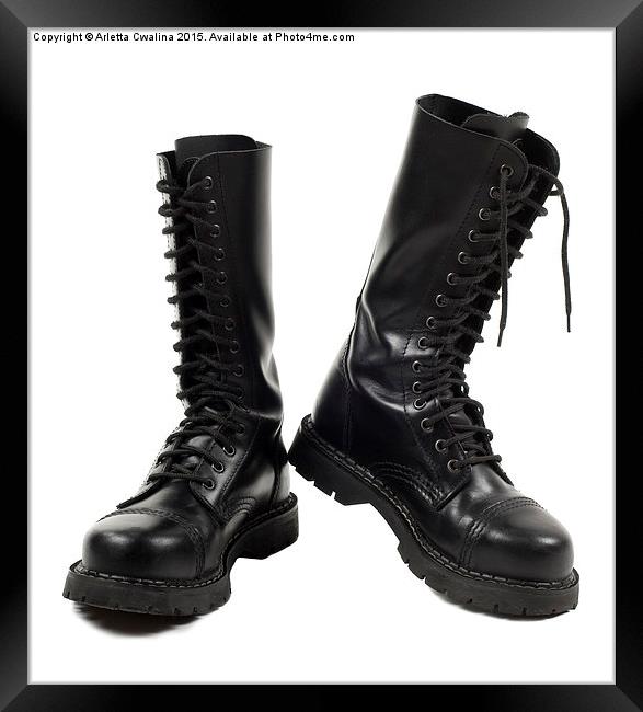 Pair of black leather bovver boots with laces  Framed Print by Arletta Cwalina