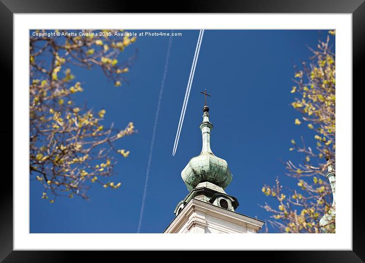 Aeroplane contrails and cross Framed Mounted Print by Arletta Cwalina