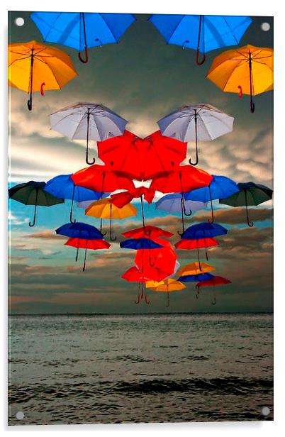 colorful umbrellas against a stormy sky Acrylic by ken biggs