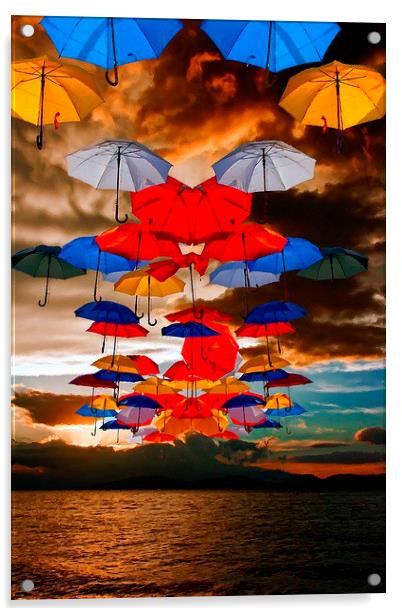 colorful umbrellas against a stormy sky Acrylic by ken biggs