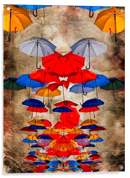 colorful umbrellas against a grungy background Acrylic by ken biggs