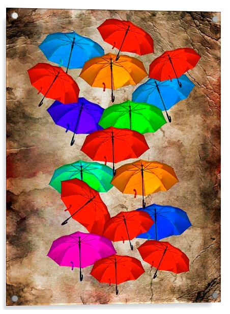 colorful umbrellas against a grungy background Acrylic by ken biggs