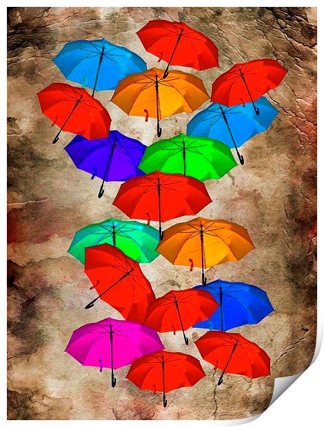 colorful umbrellas against a grungy background Print by ken biggs