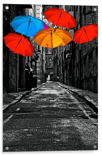  colorful umbrellas in a dark back street alley Acrylic by ken biggs