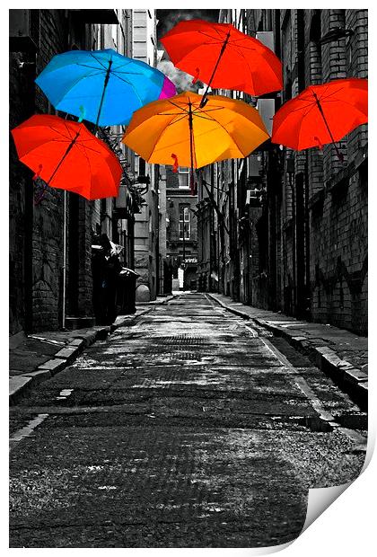  colorful umbrellas in a dark back street alley Print by ken biggs