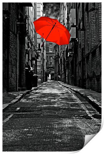 colorful iumbrella in a dark back street alley Print by ken biggs
