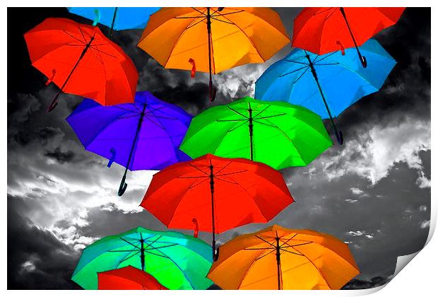 colorful umbrellas against a stormy sky Print by ken biggs