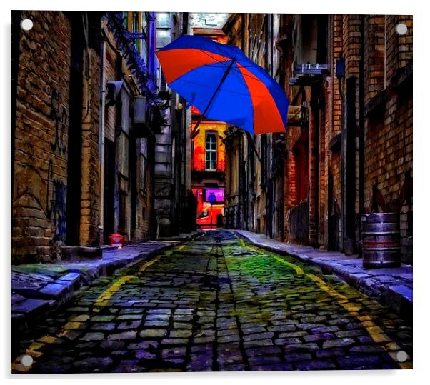 colorful umbrella in a dark back street alley Acrylic by ken biggs