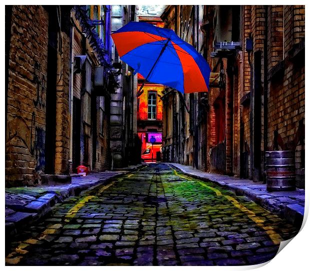 colorful umbrella in a dark back street alley Print by ken biggs