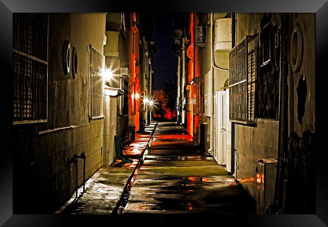 Digital painting of an alley at nightime Framed Print by ken biggs