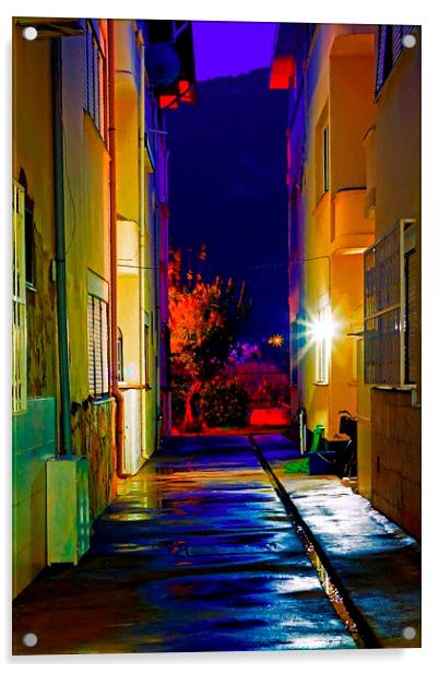 Digital painting of an alley at nightime Acrylic by ken biggs