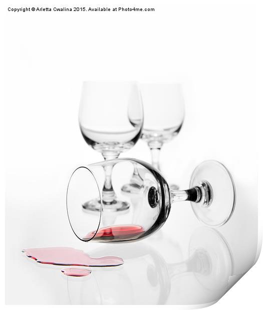 overturned wine glass with red wine splashed out  Print by Arletta Cwalina