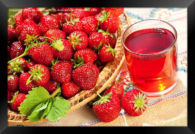 red strawberries in basket and juice in glass  Framed Print by Arletta Cwalina