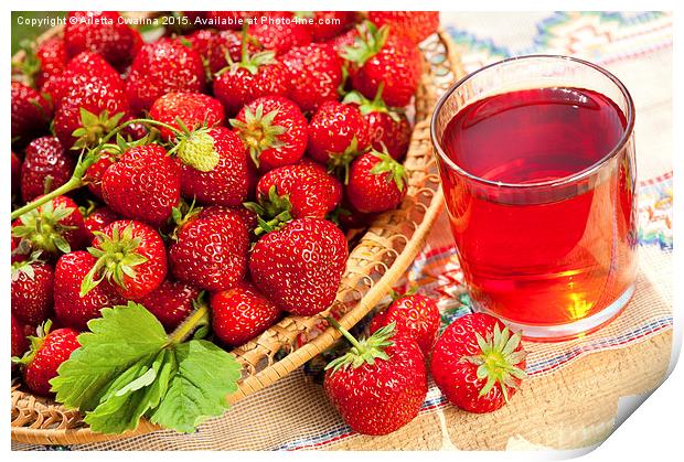 red strawberries in basket and juice in glass  Print by Arletta Cwalina
