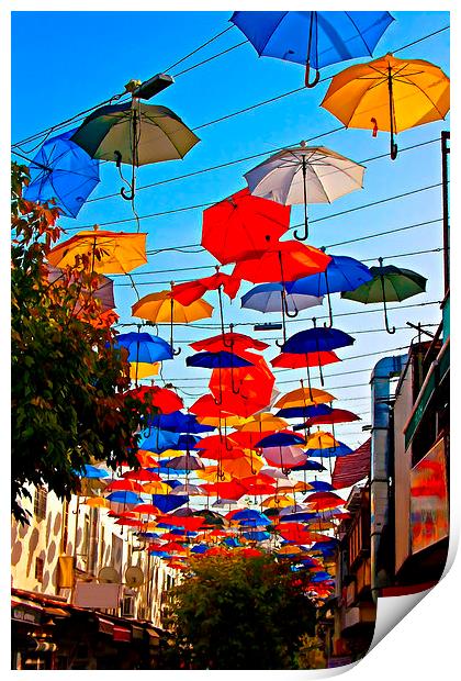colorful umbrellas in Kaleici Antalya Turkey Print by ken biggs