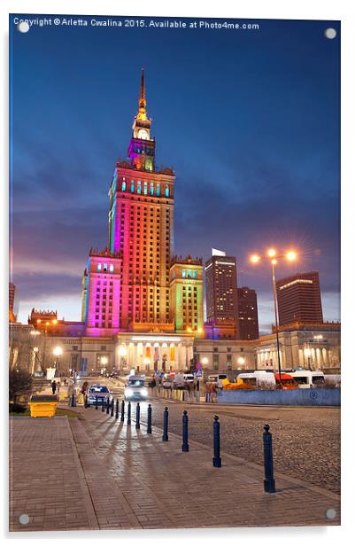 Rainbow colors on PKiN building in Warsaw, Poland Acrylic by Arletta Cwalina