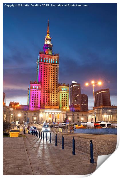 Rainbow colors on PKiN building in Warsaw, Poland Print by Arletta Cwalina