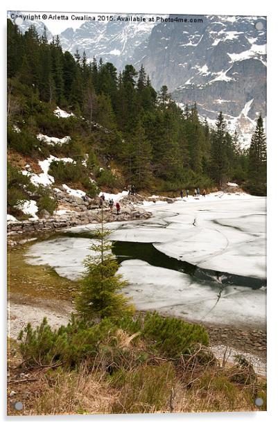 Tourists trek around Morskie Oko Lake Acrylic by Arletta Cwalina