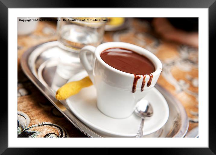 cup with hot milk chocolate and ginger cookie Framed Mounted Print by Arletta Cwalina