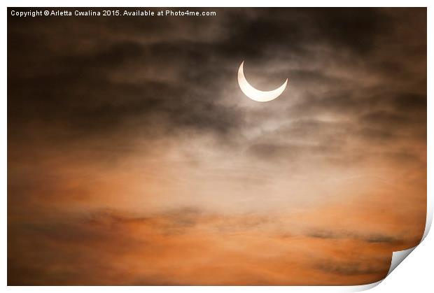 Partial solar eclipse and clouds morning sky  Print by Arletta Cwalina