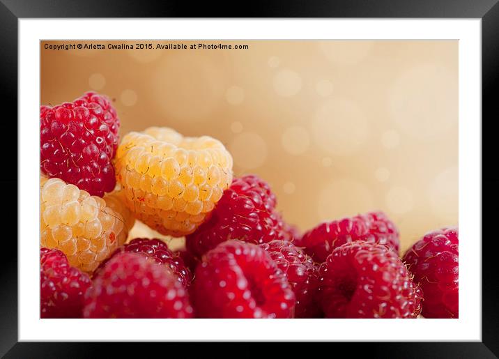 raspberry fruits in pile with circles bokeh  Framed Mounted Print by Arletta Cwalina