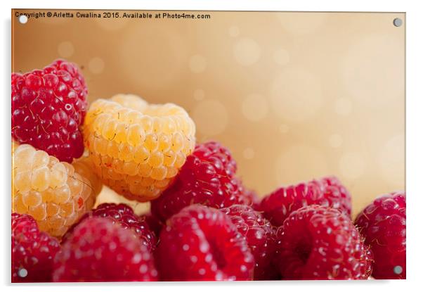 raspberry fruits in pile with circles bokeh  Acrylic by Arletta Cwalina