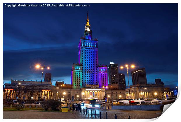 Rainbow colors on PKiN building in Warsaw, Poland Print by Arletta Cwalina