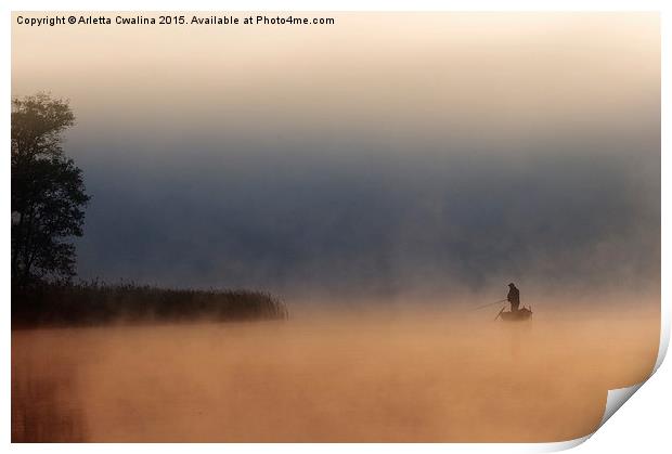  Lone fisher in quiet morning fog Print by Arletta Cwalina