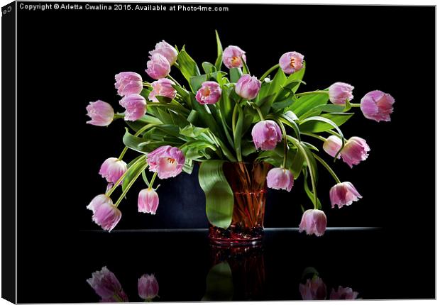 Pink tulips bouquet in vase Canvas Print by Arletta Cwalina