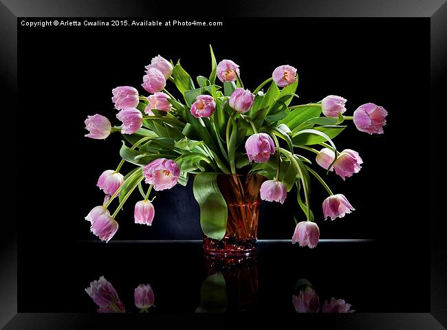 Pink tulips bouquet in vase Framed Print by Arletta Cwalina