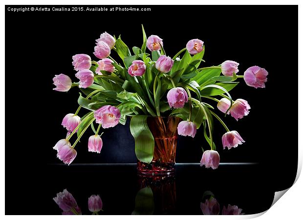 Pink tulips bouquet in vase Print by Arletta Cwalina