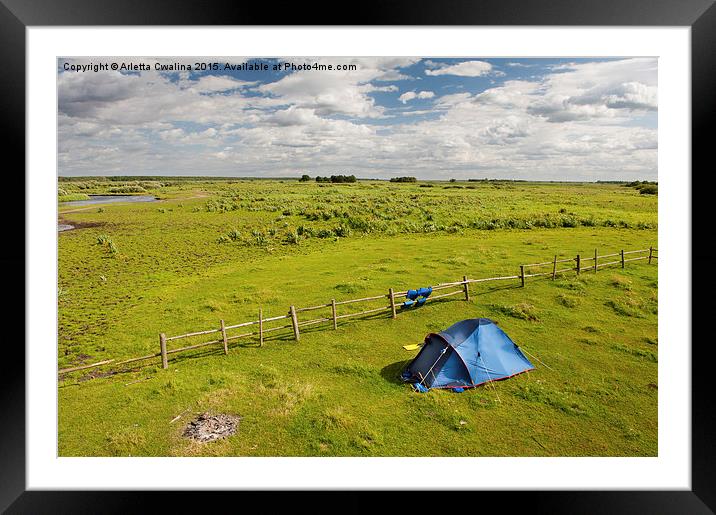 Camping tent and grass expanse landscape  Framed Mounted Print by Arletta Cwalina