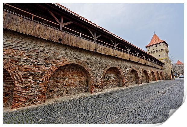 Fortress wall and two towers Sibiu Romania Print by Adrian Bud