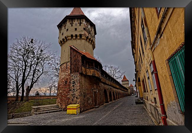 Fortress wall with three towers Sibiu Romania Framed Print by Adrian Bud