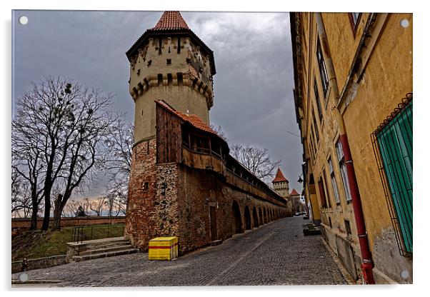 Fortress wall with three towers Sibiu Romania Acrylic by Adrian Bud