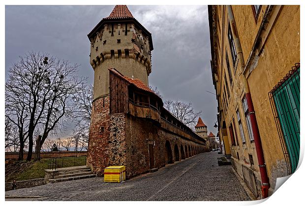 Fortress wall with three towers Sibiu Romania Print by Adrian Bud