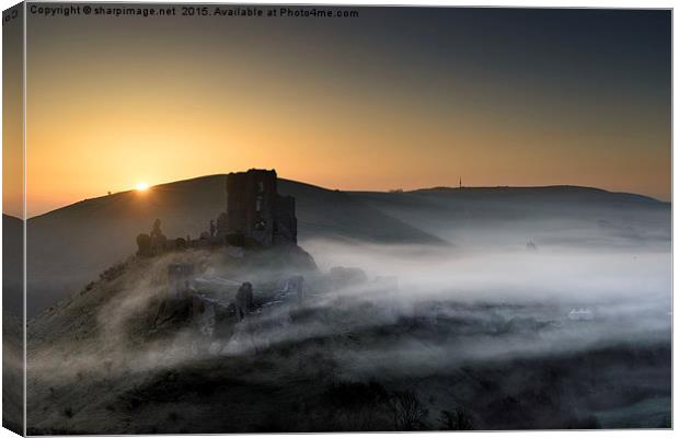 Corfe Castle through the mist  Canvas Print by Sharpimage NET