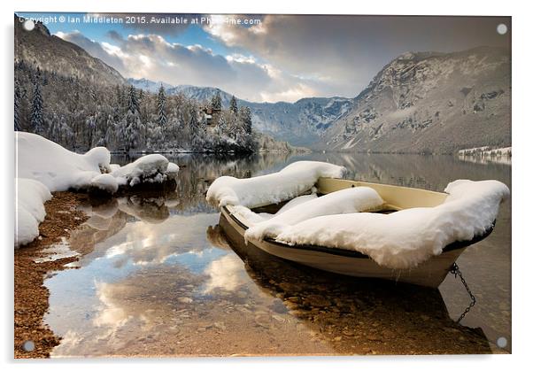Snow covered boat on Lake Bohinj in Winter Acrylic by Ian Middleton