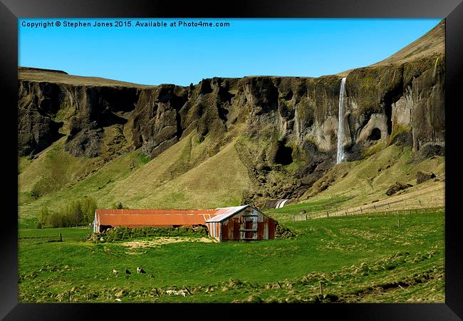  Livestock building with waterfall in background,  Framed Print by Stephen Jones