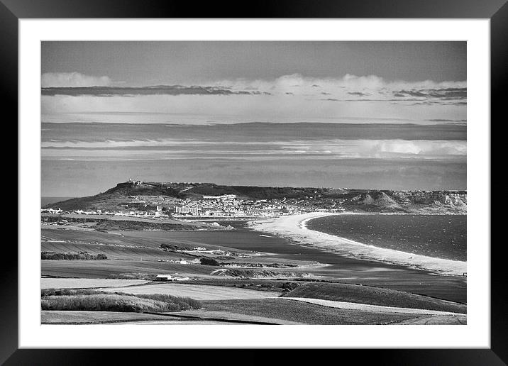 Portland from Abbotsbury Hill in mono.  Framed Mounted Print by Mark Godden