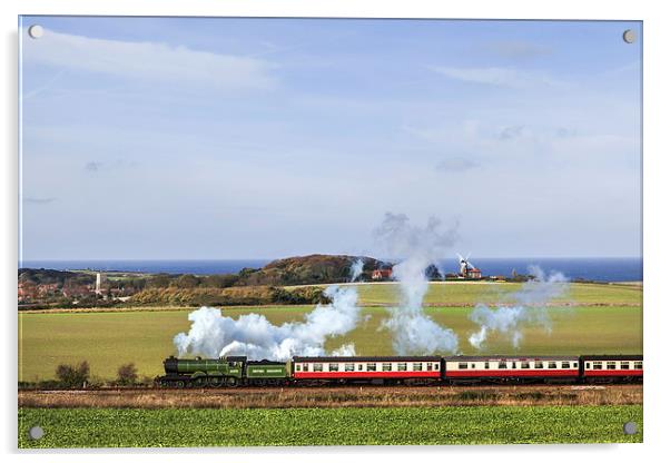 Steam train passing Weybourne.  Acrylic by Ian Duffield