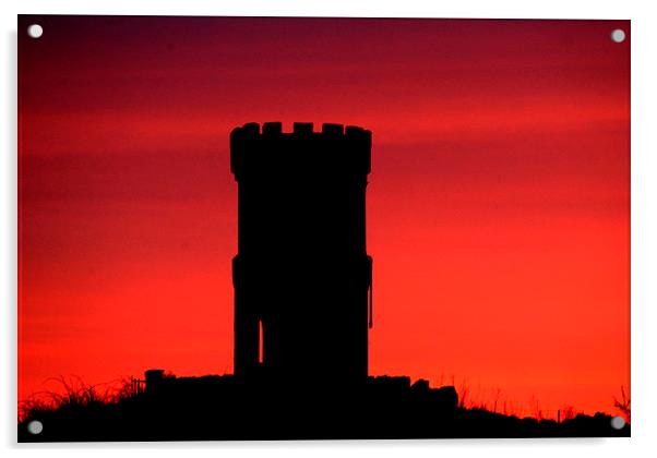  Red watch tower at night. Acrylic by Jim Moran