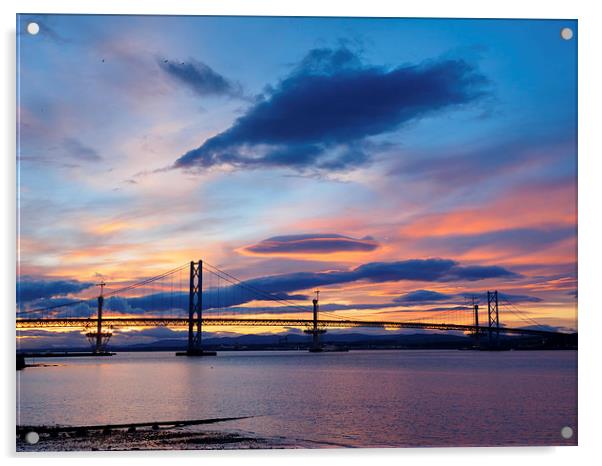 Forth Bridges Sunset Acrylic by Tommy Dickson