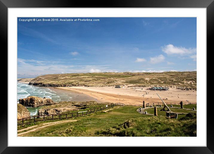  Perranporth Beach with Sundial, Cornwall Framed Mounted Print by Len Brook