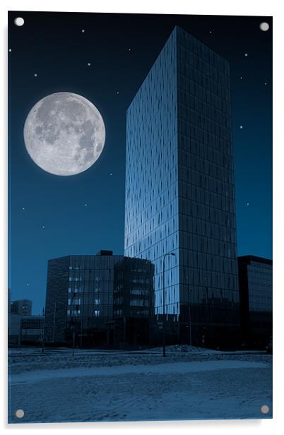 Tower in the night Acrylic by Jón Sigurjónsson