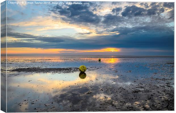  Heacham buoys at sunset Canvas Print by Simon Taylor