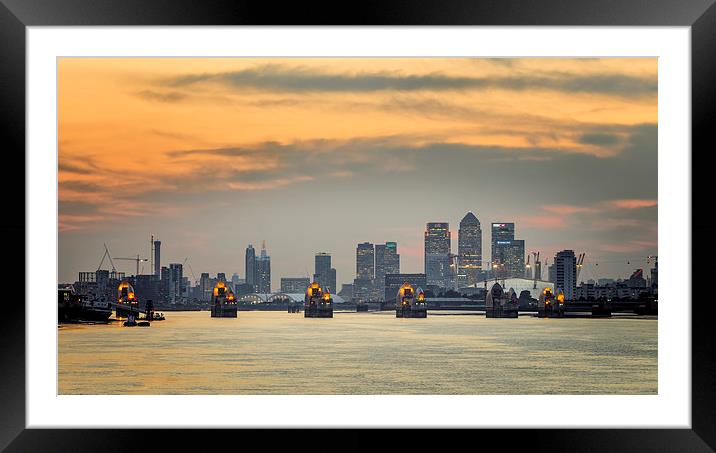  Sunset on River Thames with Canary Wharf and O2 Framed Mounted Print by John Ly