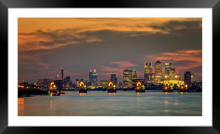 River Thames with Canary Wharf and O2 in the backg Framed Mounted Print by John Ly