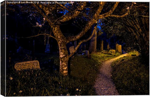  Night in the Graveyard, St. Just in Roseland Canvas Print by Len Brook