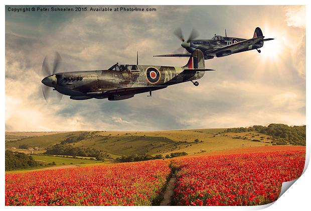  Spitfire over poppiefield Print by Peter Scheelen